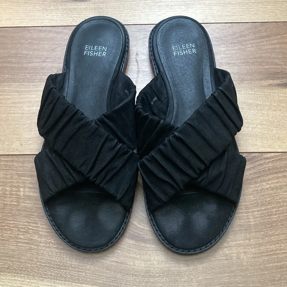 Eileen Fisher Nubuck Wide Ruched Criss Cross Sandals